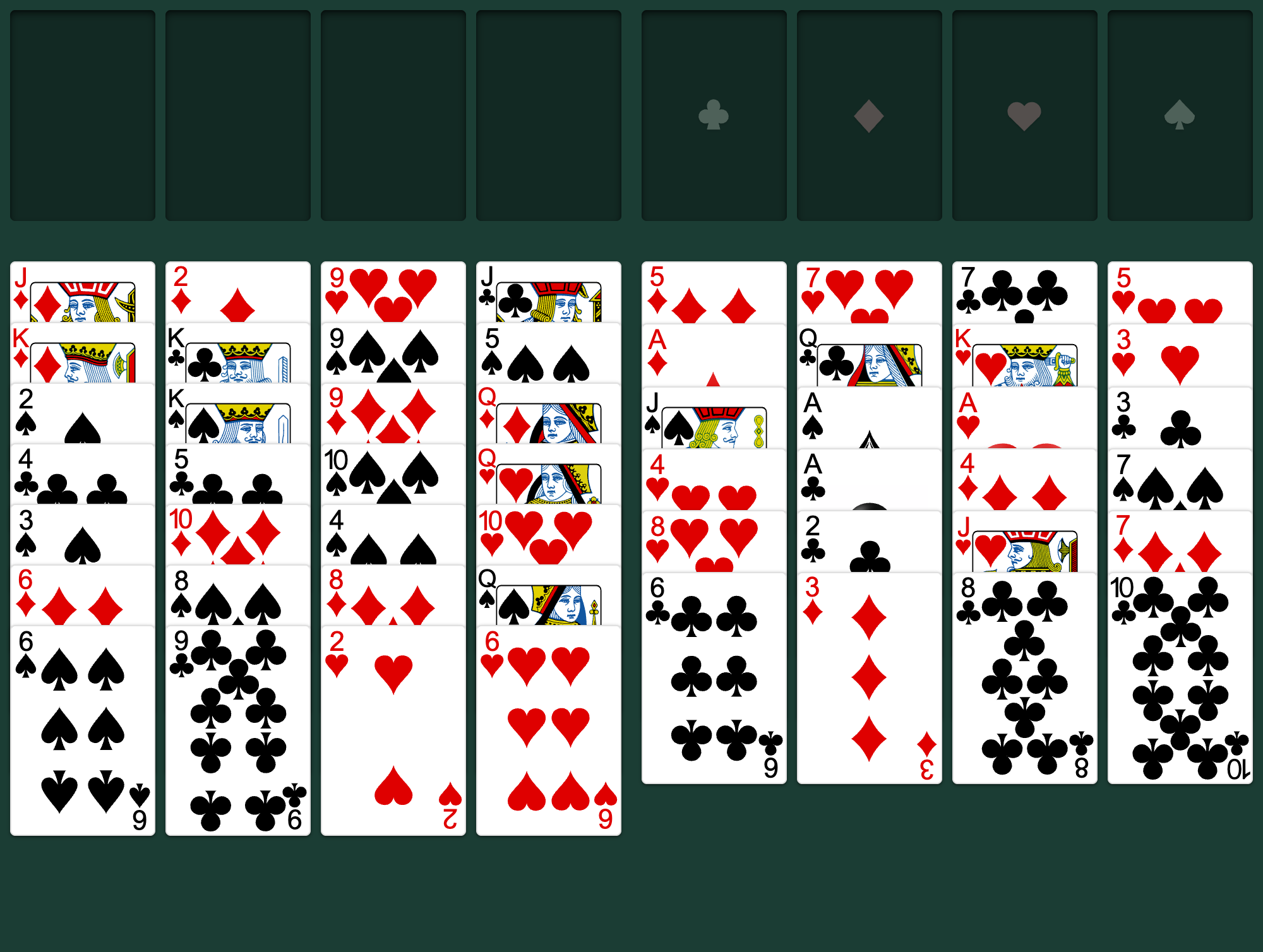 FreeCell deal 1 with four free cells, four foundations, and eight card columns